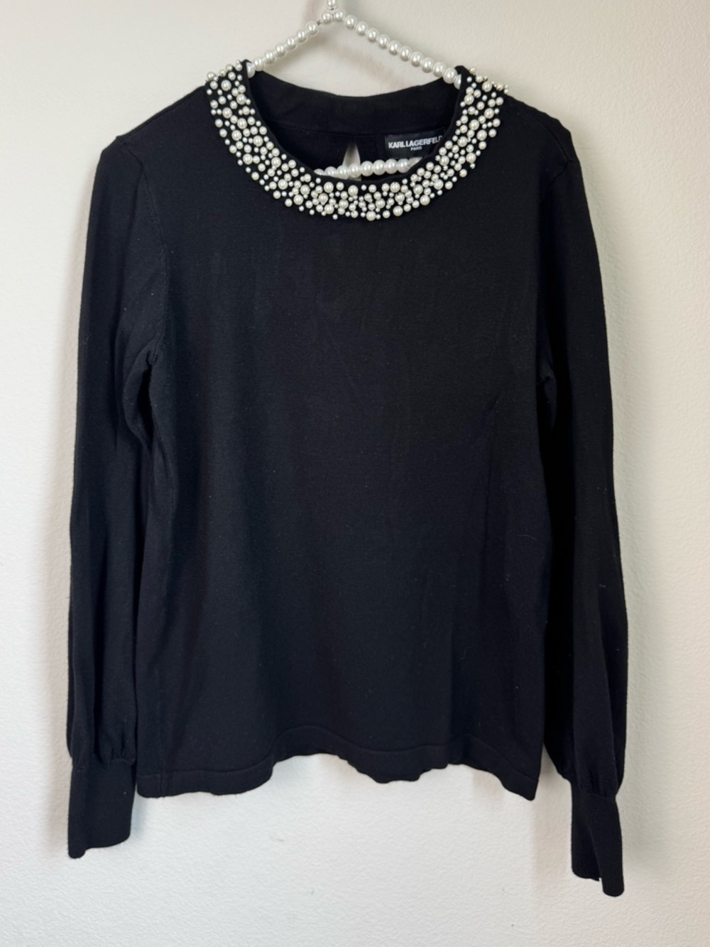 Karl Lagerfeld Black Long Sleeve Top with Pearl Collar
